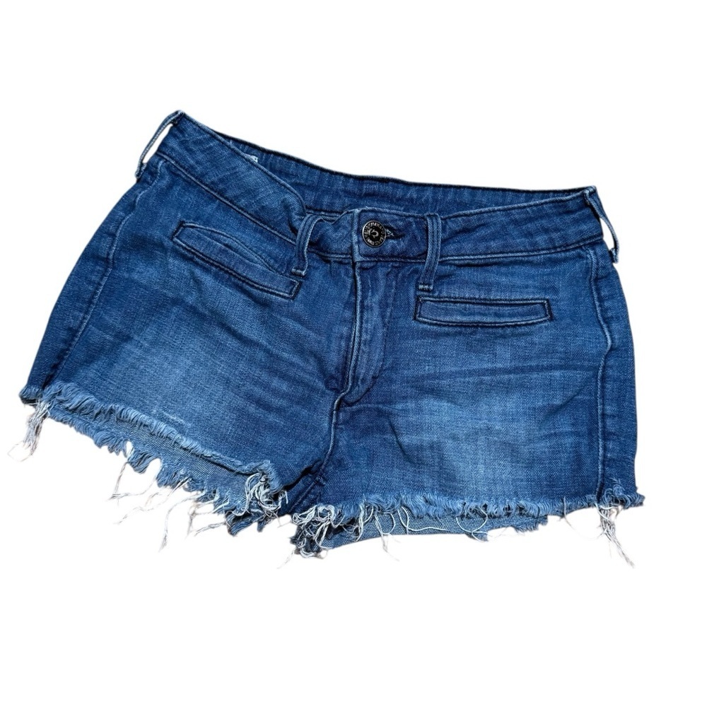 VTG True Religion Blue Denim Jean Shorts Adrianna Distressed Raw Hem Size 27 USA